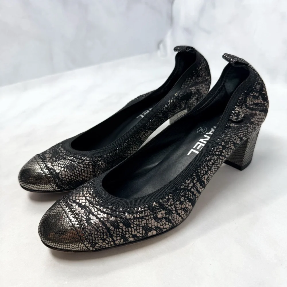 CHANEL Vintage Y2K Metallic Leather Heeled Ballet Ballerina Pump Heel Shoes 36